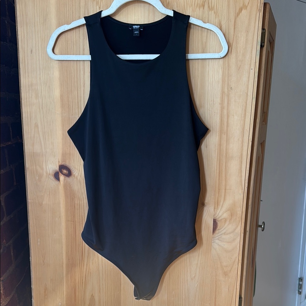 Express Women’s Black Body Contour Silky High Neck Thong Sleeveless Bodysuit, L